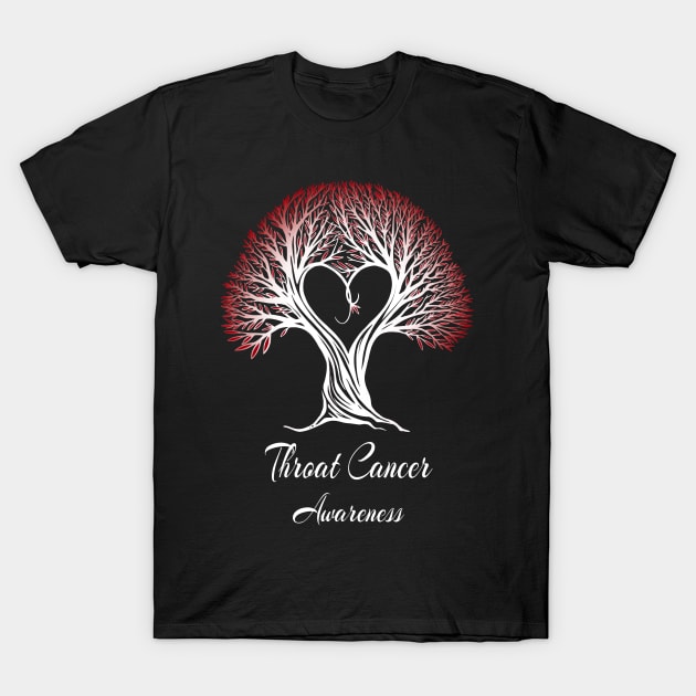 Throat Cancer Awareness Red Ribbon Tree With Heart T-Shirt by MerchAndrey